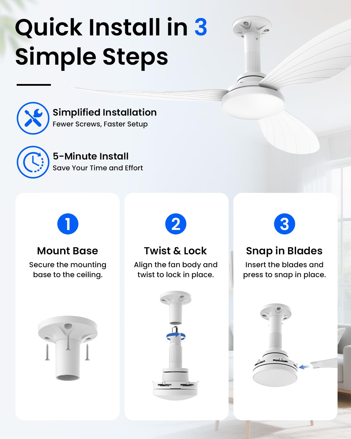 Hisummer 106cm Ventilador de Techo con Luz, Conexión E27 Solo con Soporte Incluido, Montaje Rápido Ventilador Techo Silencioso con Mando, Motor DC Reversible para Dormitorios Salón y Cocina