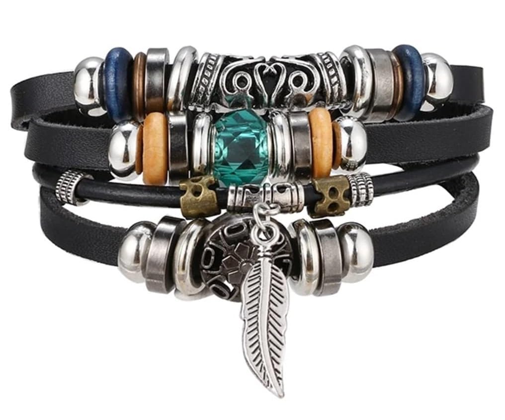STYLE KRAFT-JewellerySTYLE KRAFT Black Trending Adjustable Crystal Stone Beads Leatherc Bracelet Feather Leaf Design Cuff Bracelet For Girls Friendship Wrist Band Dori Rope Charms Bangle Hippie Bracelet Girls Boys