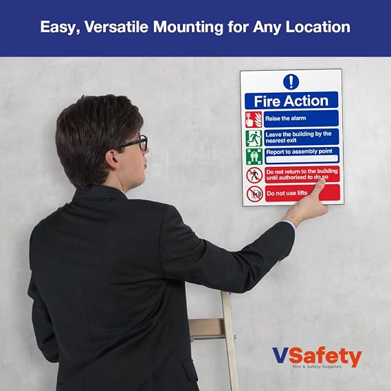 V Safety Fire Action Notice Sign - Clear 5-Step Emergency Instructions - 150mm x 200mm Portrait Safety Signage for Buildings & Offices - Durable 1mm Rigid Plastic, EN ISO 7010:2012 Compliant