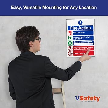 V Safety Fire Action Notice Sign - Clear 5-Step Emergency Instructions - 150mm x 200mm Portrait Safety Signage for Buildings & Offices - Durable 1mm Rigid Plastic, EN ISO 7010:2012 Compliant