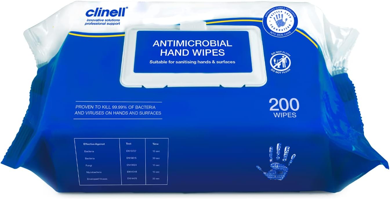 Clinell Antimicrobial Hand Wipes - Pack of 1 - 200 Wipes - Antibacterial, Suitable for Hands and Surfaces - Dermatologically Tested, Kills 99.99% of Germs