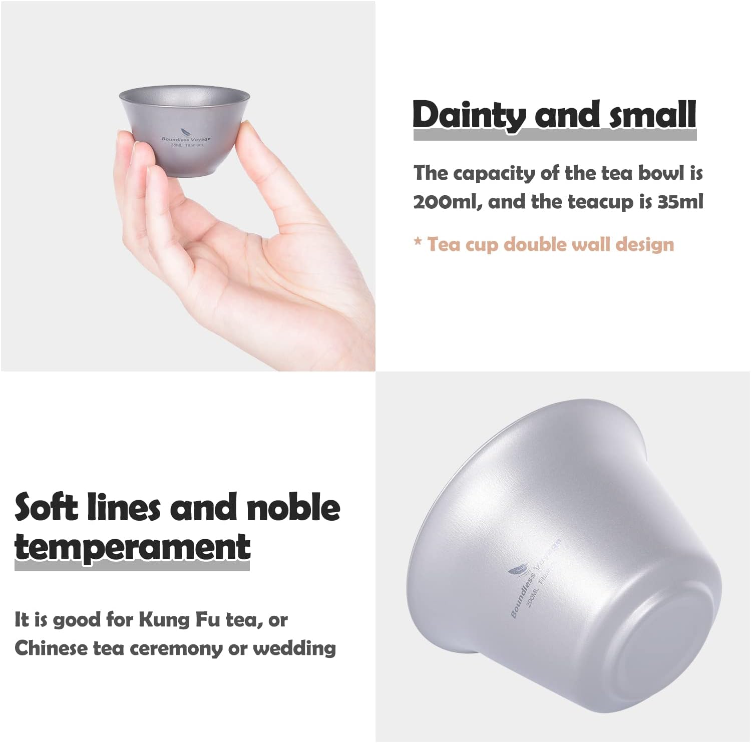 iBasingo 200ML Titanium Gaiwan Kung Fu Teacup with Lid and Saucer Set Lightweight Portable Chinese Traditional Gaiwan Tea Bowl with Cover 3 35ml Teacups Outdoor Camping Tea Set Ti3124D