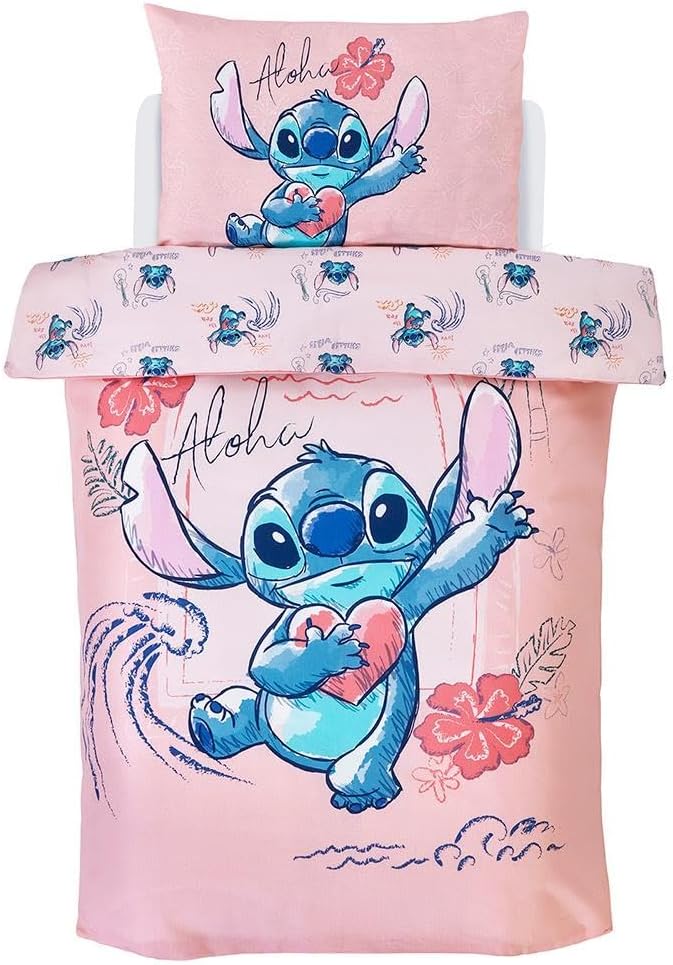 dreamtex Disney Stitch Aloha Coral Pink Junior Duvet Cover and Pillowcase Set for Kids Toddlers Bedroom(JP1-STI-ALO-12)