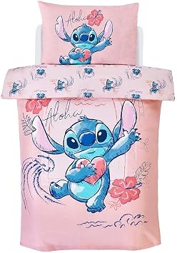 Disney Stitch Aloha Coral Pink Junior Duvet Cover and Pillowcase Bedding Set for Toddlers Kids Children Bedroom JP1-STI-ALO-12