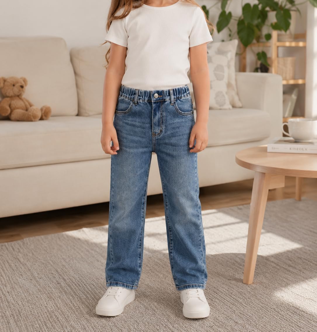 KIDSCOOL Big Girls Classic Straight Leg Jeans Elastic Waist Denim Pants