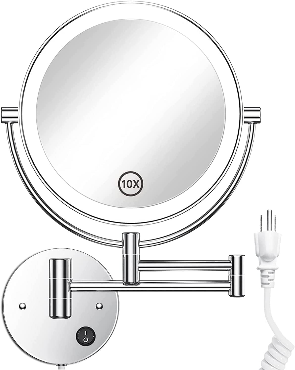 Gospire 8.5" Wall Mounted Lighted Double-Sided 1X/10X Magnifying Mirror | 360° Swivel Extendable Arm, Round LED Cosmetic Vanity Bathroom Mirror for Shaving Makeup