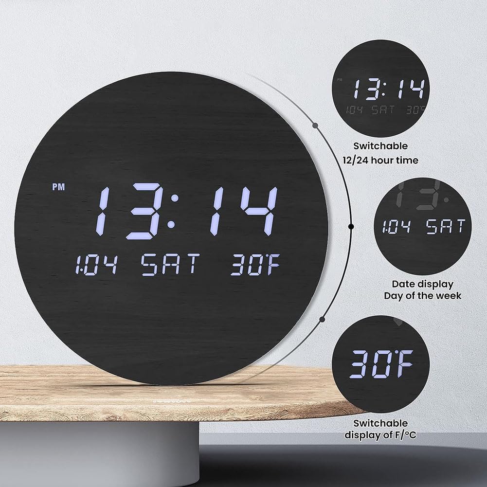 Runde Wanduhr Mit Temperaturanzeige & Digitaler Kalender - Wanduhren Modern Wohnzimmer - 7.56 Zoll Kleine Holz Led Uhr Digital Küchenuhren Intelligent Funk Lautlos Tischuhren Beleuchtet - Schwarz