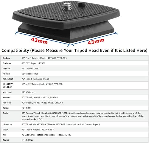 Miniatura 3 de Placa de liberación rápida de trípode de 1.693 in x 1.693 in de repuesto de placa QR de 1-11/16 pulgadas para Mactrem PT55, para Torjim 60 pulgadas,