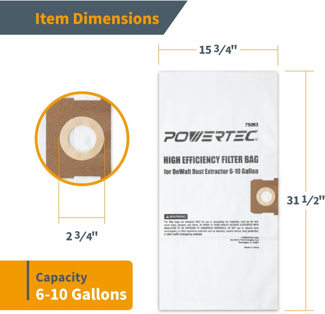POWERTEC DXVA19-4101 Vacuum Bags 50 Pack for Dewalt DXV06P, DXV09P, DXV10P 6-10 Gal Dust Extractor, Replacement Shop Vac Bags, Dust Bag for Dewalt Wet Dry Shop Vacuum (75063-Case10)
