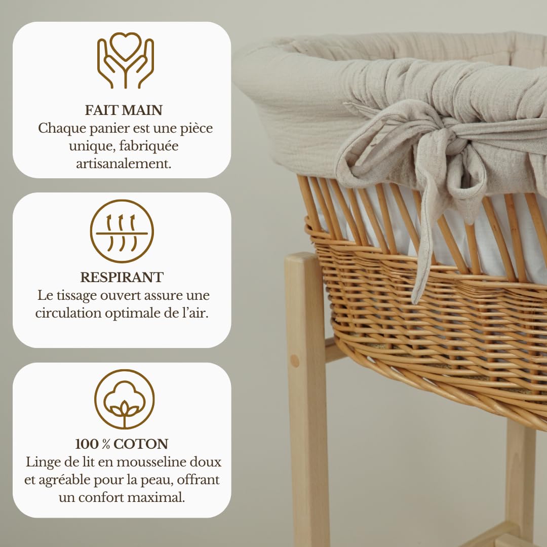 Wiklinopol Couffin Bébé OLIWIA II – Berceau en Osier avec Support en Bois – Ensemble Complet avec Matelas & Linge en Mousseline Beige, Respirant, Lavable & hypoallergénique
