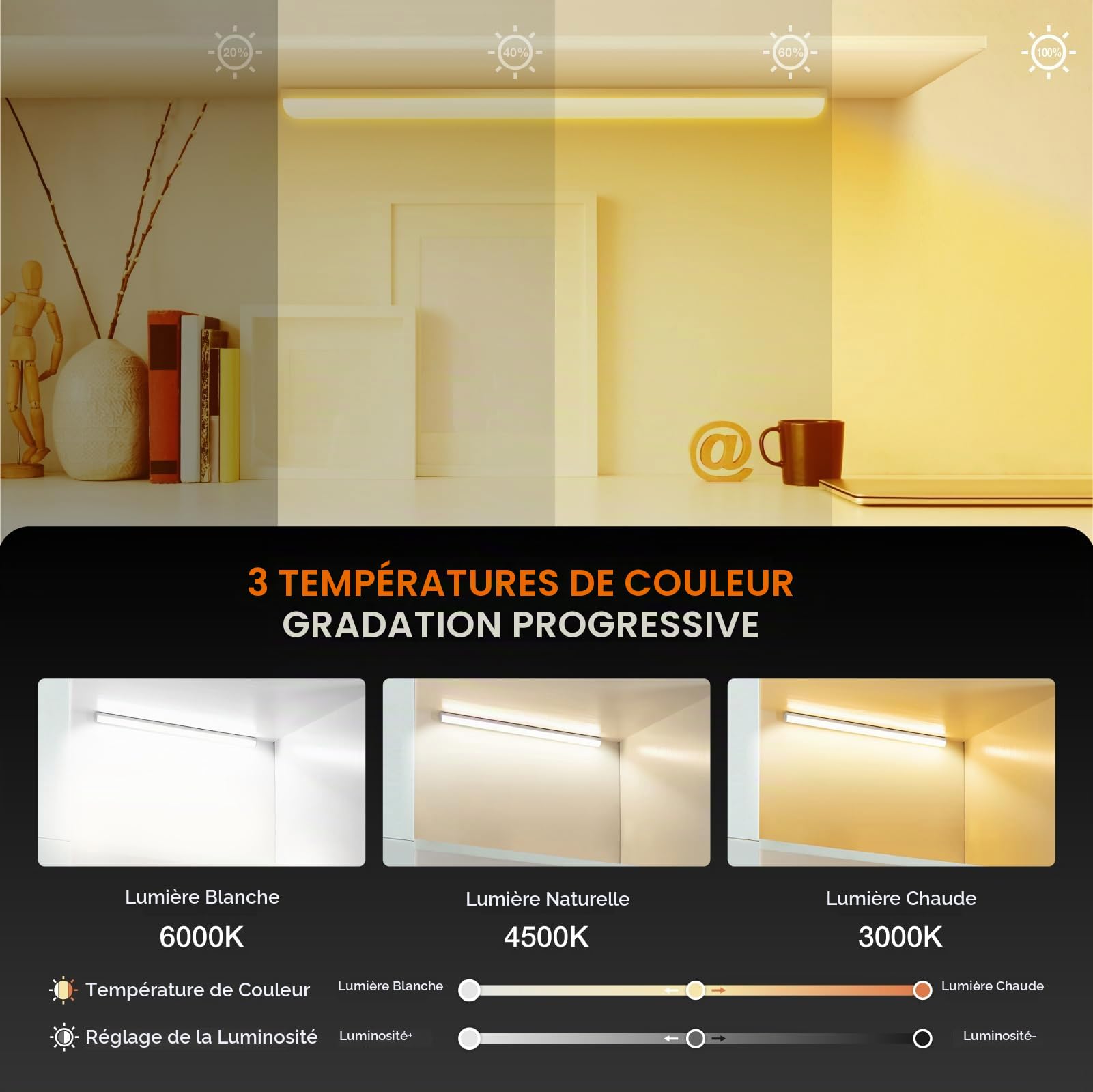 Lot de 2 lampes de cuisine LED avec télécommande - Magnétique à intensité variable - Rechargeable - Éclairage de vitrine LED sans fil pour armoire (blanc, 30 cm)