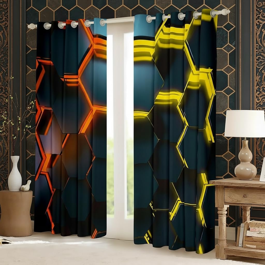 Honeycomb Fenster Vorhänge, Hexagon Gelb Orange Neon Lichter Küche Fenster Behandlungen, 3D Fenster Vorhänge für Zuhause, 2 Platten, L Größe,Guter Schattierungseffekt