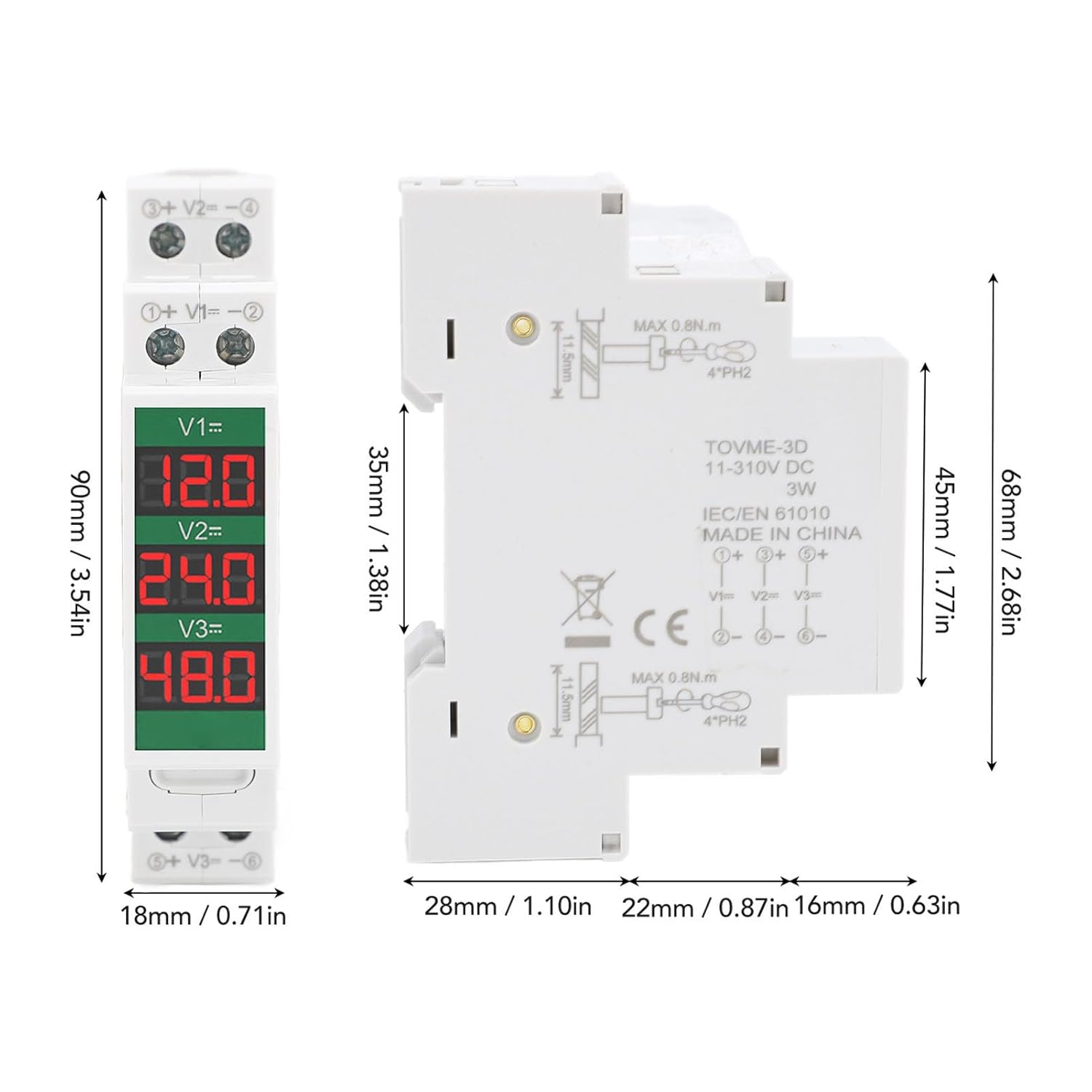 DIN Rail Voltmeter LCD Digital Display Isolated Triple Way Modular Voltage Meter DC 11 to 310V Easy to Inllustion