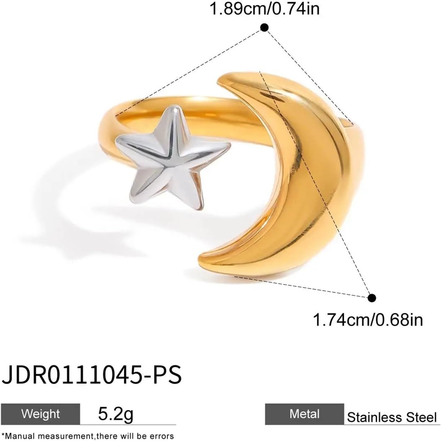 Minimalist Trendy Stainless Steel Geometric Moon Star Opening Ring For Women Jewelry Gift 1Pcs
