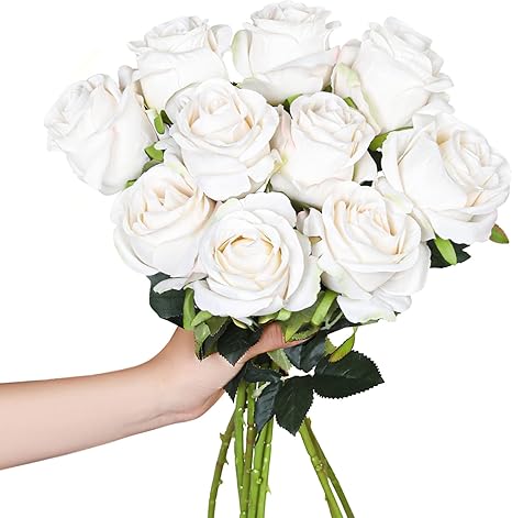 Amazon Com Hawesome 人造花10 件絲綢玫瑰長莖人造仿真玫瑰適用於婚禮花束餐桌中央擺件派對家居裝飾 白色 Everything Else
