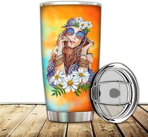 Miniatura 3 de JAJO Vaso de acero inoxidable de 20 onzas para mujeres hippie Gril vaso hippie termo de vacío de doble pared taza de café de viaje de girasol con