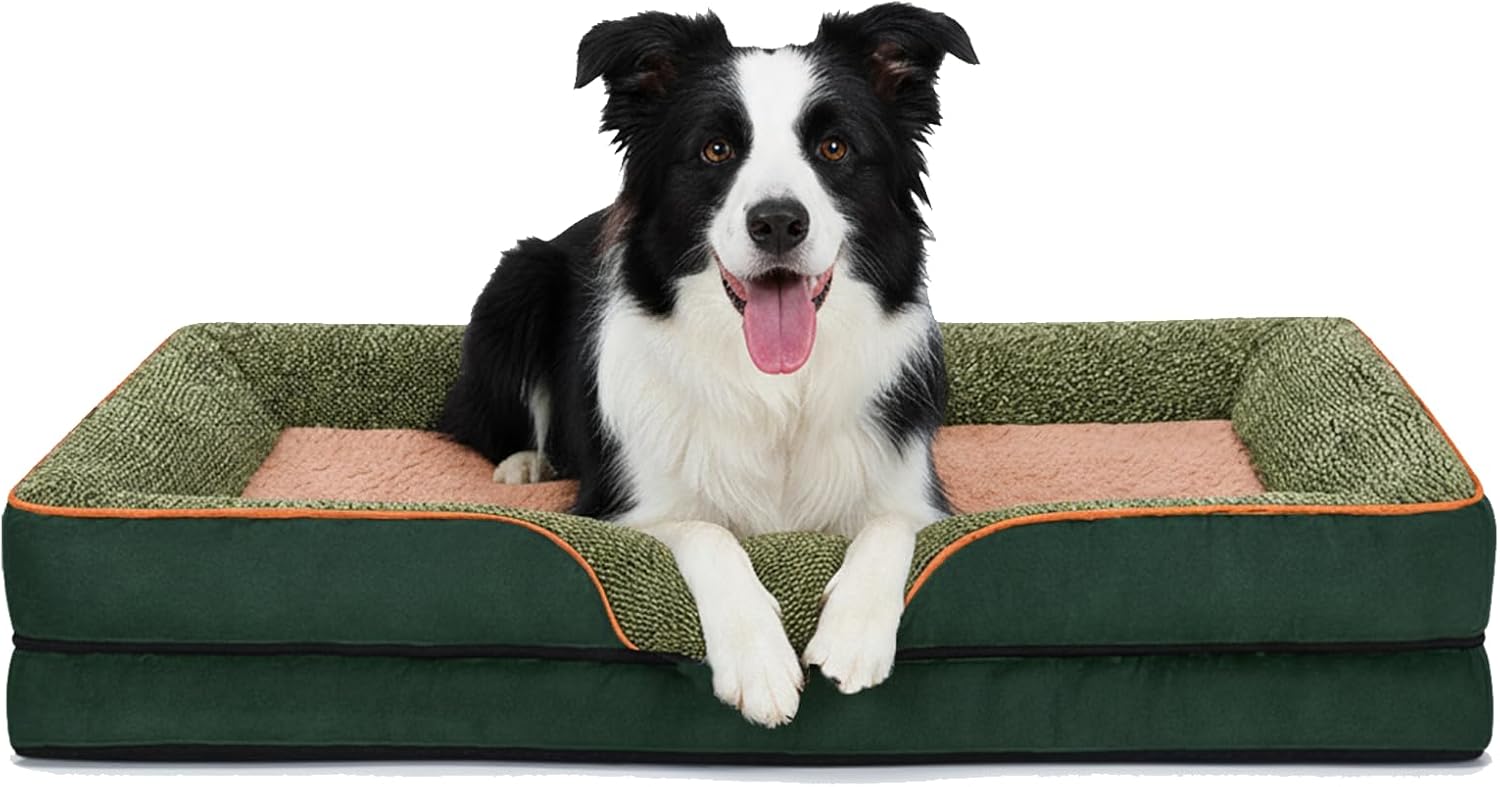 Orthopedic Dog Bed for Large Dogs, Chew Proof Waterproof Dog Bed with Memory Foam, Washable Pet Bed for Medium Sized Dog, Non-Slip Support for Joint Health .(Dark Green, Large)