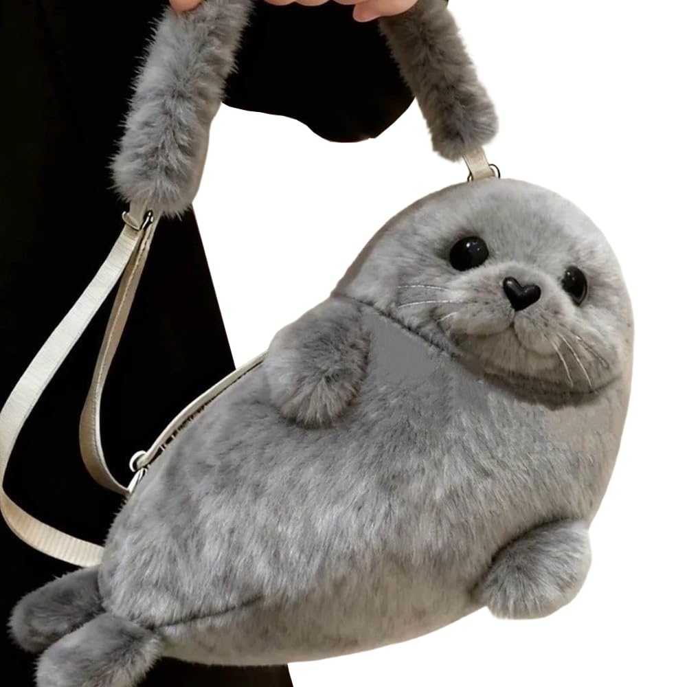 Fluffy Seal Plush Pouch Bag Grey Polyester Animal Pencil Case Cute