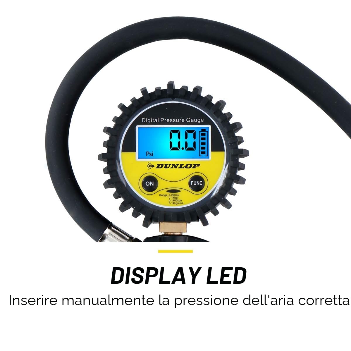 Dunlop Manometro digitale per pneumatici – Misura PSI/BAR/KPA/KG – Funziona a batterie – Tubo dell'aria da 30 cm – Adatto alla maggior parte dei compressori d'aria – auto, bicicletta, moto e camion