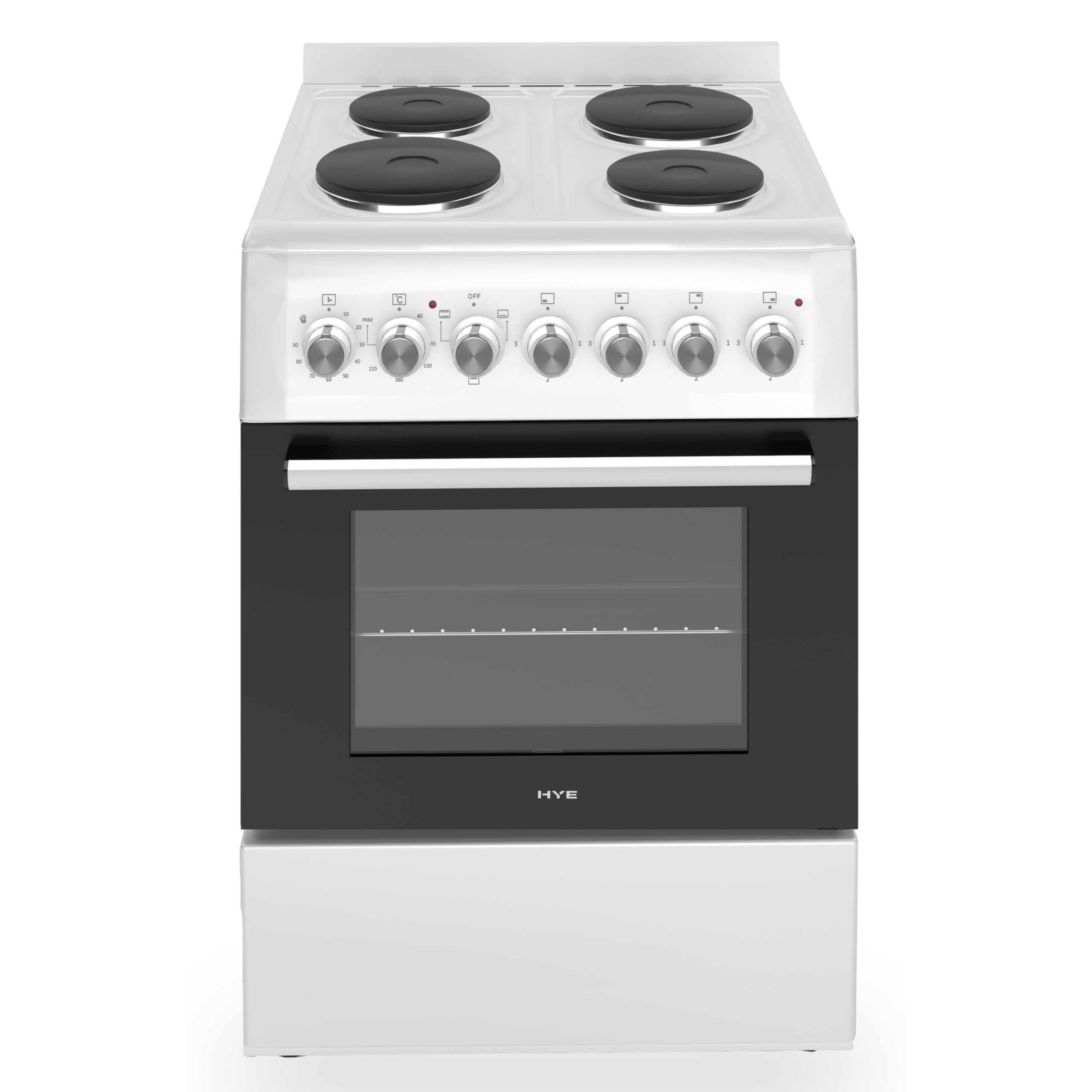 HYE Cooker - Electric Cooker, 4 Hotplates, 62L Electric Oven, A-Rated Energy Efficiency, 60cm Width, Freestanding Design, White, Ideal For Family Homes - C01FS60E17W