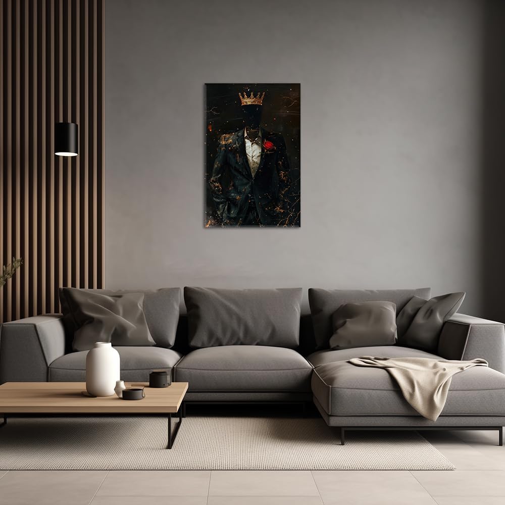 NAMENLAIMI African American Wall Art Black Man with Gold Crown Picture Paintings Afro King Canvas Prints Abstract Man Poster for Living Room Office Bedroom Decor Framed