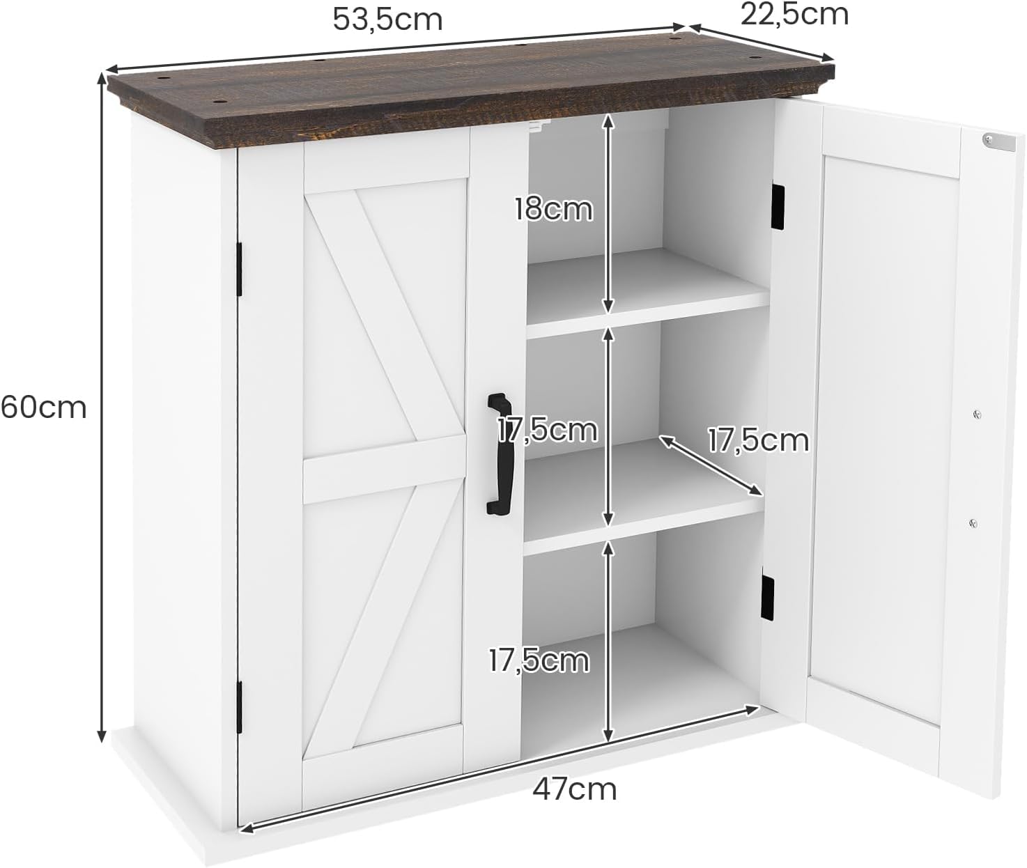 GIANTEX Armario de Pared para Baño, Mueble Colgante con 2 Puertas y 2 Estantes Ajustables, Estilo Granero, 53,5 x 22,5 x 60 cm, Organizador para Cocina, Entrada, Lavandería