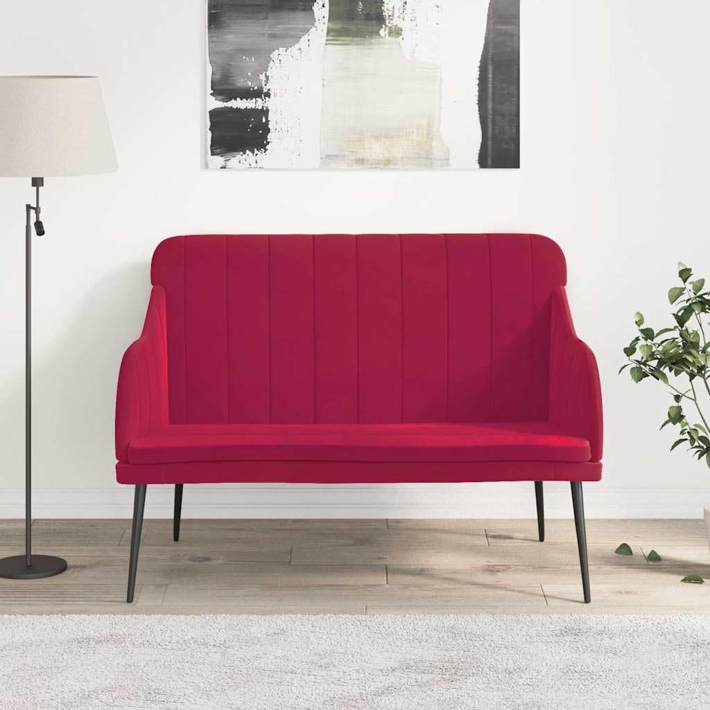 Banc en velours haut de gamme rouge vin et piétement métallique moderne pour intérieur chic