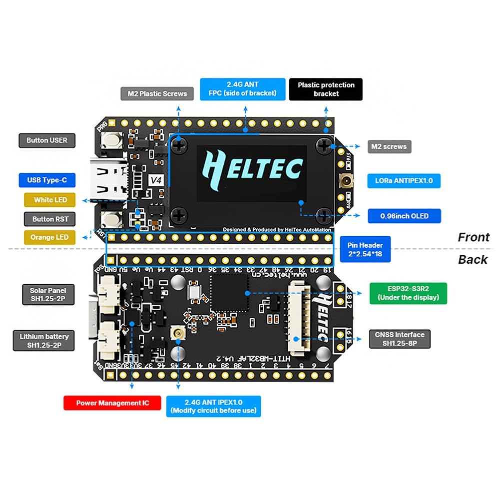 Kit de Carte de Développement Heltec V4 Meshtastic WiFi Lora 32 avec Boîtier, GPS, SX1262, Écran OLED 0,96 Pouce, Alimentation Solaire, BLE Basse Consommation.