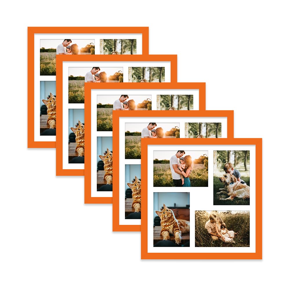 Orange Multi Photo Frame - Holds 4 x 6x4 Pictures, Family Collage Picture Frame for Wall Display, 12x12 Frame size, Set of 5