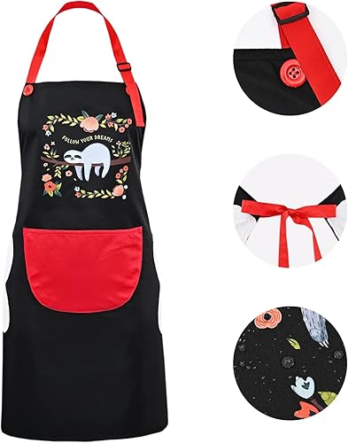 Miniatura 2 de Delantal para mujer con bolsillos para limpiar las manos, lindo perezoso y gato, delantal vintage, cuello ajustable para cocinar, vestido de