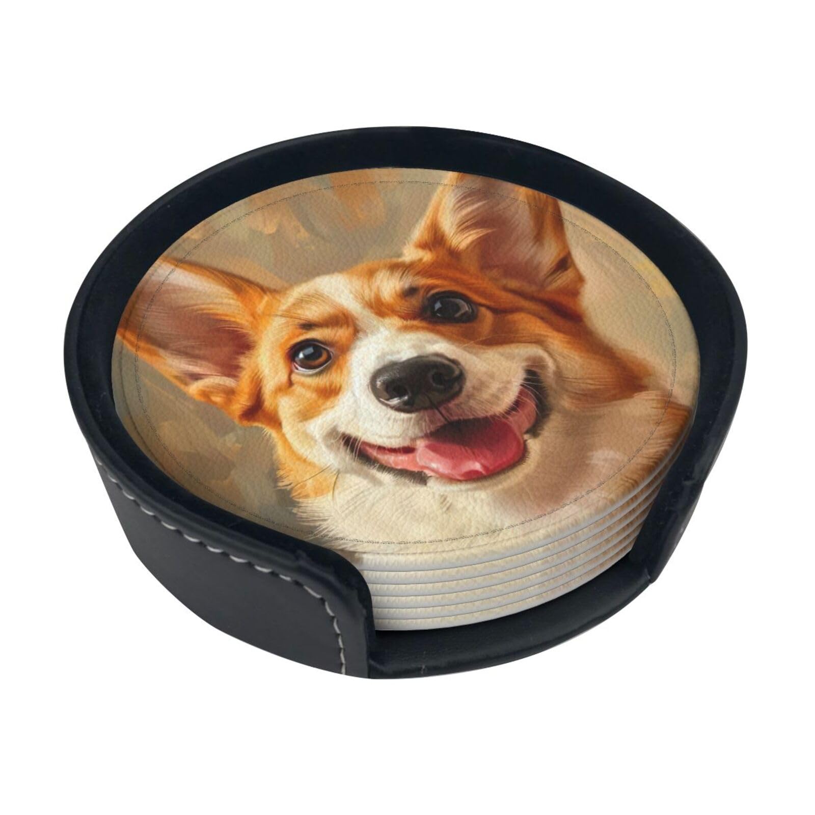 Cute Corgi Print Round Coasters Set Of 6,Coaster For Tabletop Protection Home Bar Decor