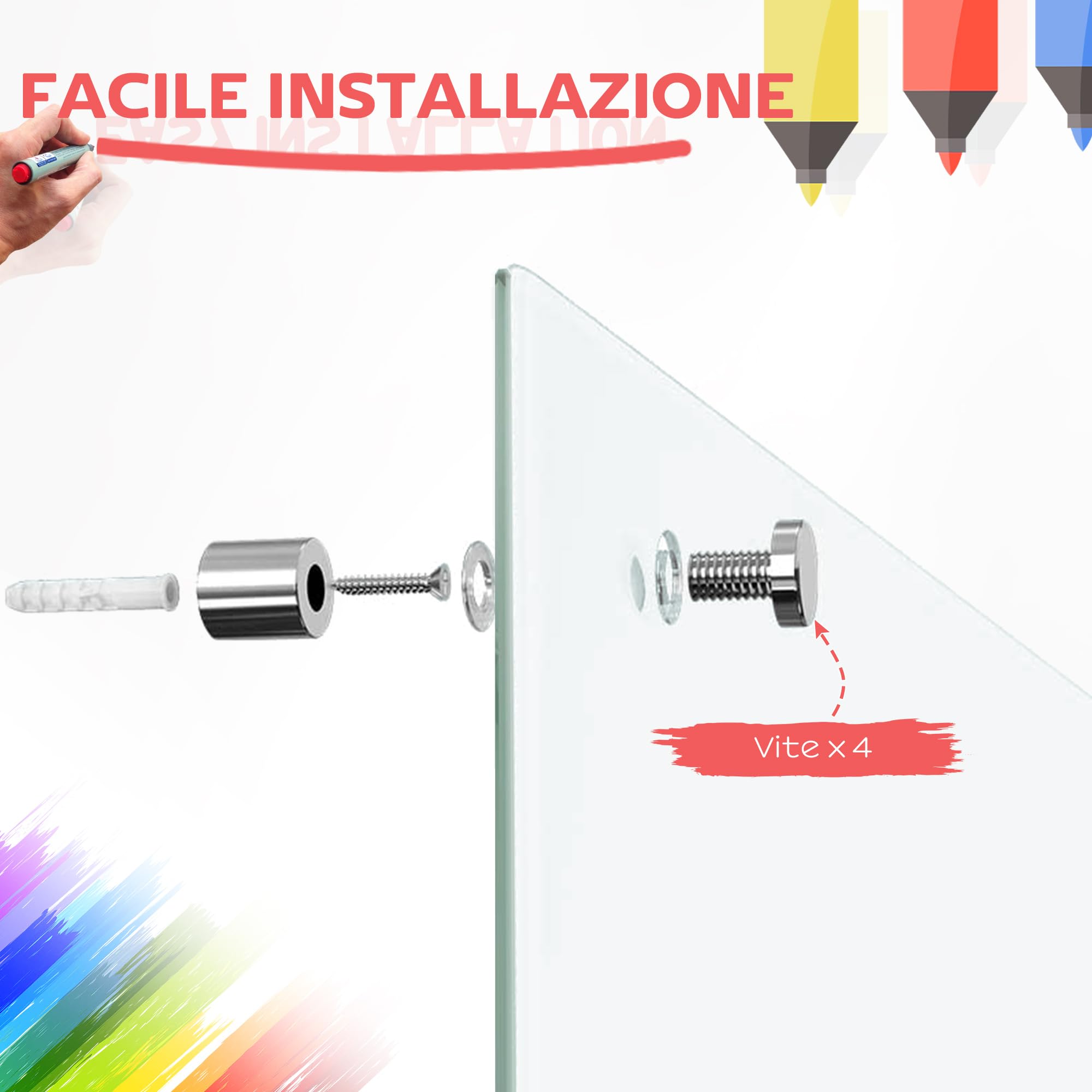 Vinsetto tablica magnetyczna ze szkła ściennego, 90 x 60 cm, z bezramową tacką na 4 markery, z łatwym montażem, biała