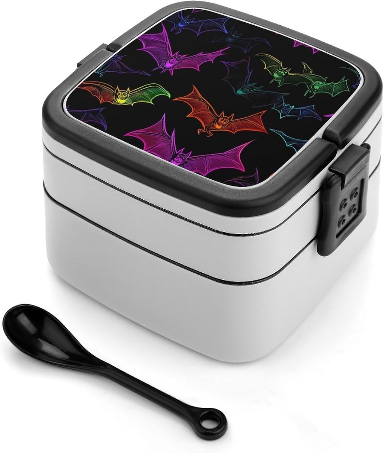 Colorful Bats Bento Box with Spoon 2 Layer Food Container Cute Lunch Box for Travel Dining Work