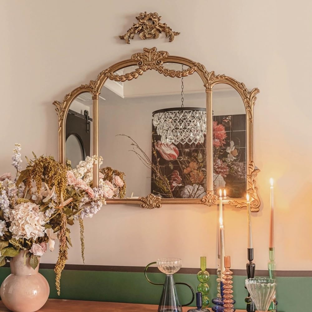 Dekoracyjne Lustro Ścienne W Stylu Vintage, Antyczne Złote Lustro Kominkowe, Ozdobne Lustro Do Makijażu O Wymiarach 39 X 32 Cale Do Przedpokoju, Łazienki, Salon