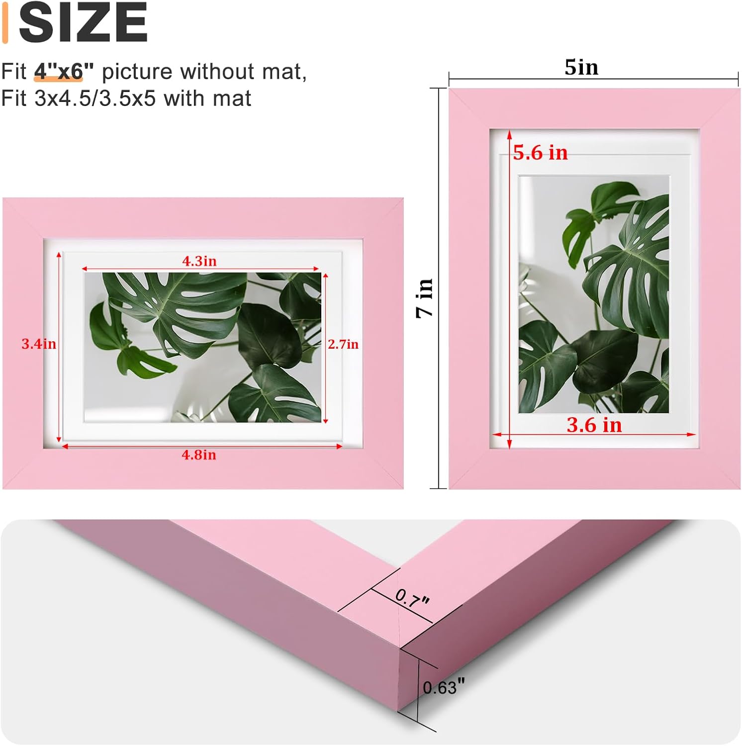 Egofine 4x6 Picture Frames with Plexiglass, Display Pictures 3x4.5 and 3.5x5 with Mat or 4x6 Without Mat Set of 4 for Tabletop and Wall Mounting, Pink