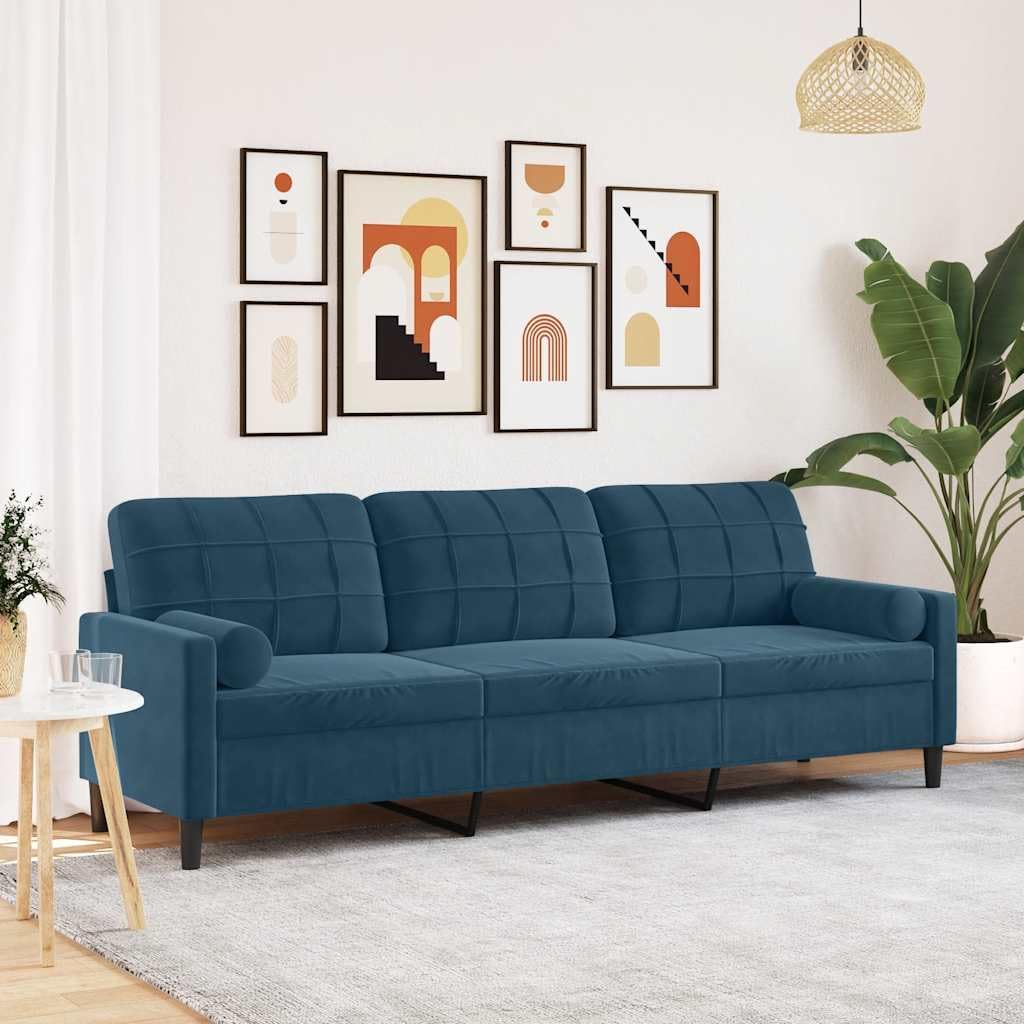 Divano a 3 posti in velluto blu con cuscino decorativo, 210 cm, per soggiorno, salotto e camera degli ospiti, mobili imbottiti con robusta struttura in metallo, design moderno, comoda seduta