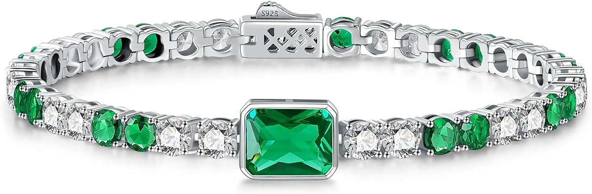 Birthstone Bracelets for Women Birthday Gifts 4CT Radiant Cut Birthstone 4mm Sterling Silver White Gold Tennis Bracelets for Women Round Cut 5A Cubic Zirconia Bezel Setting 7 Inch