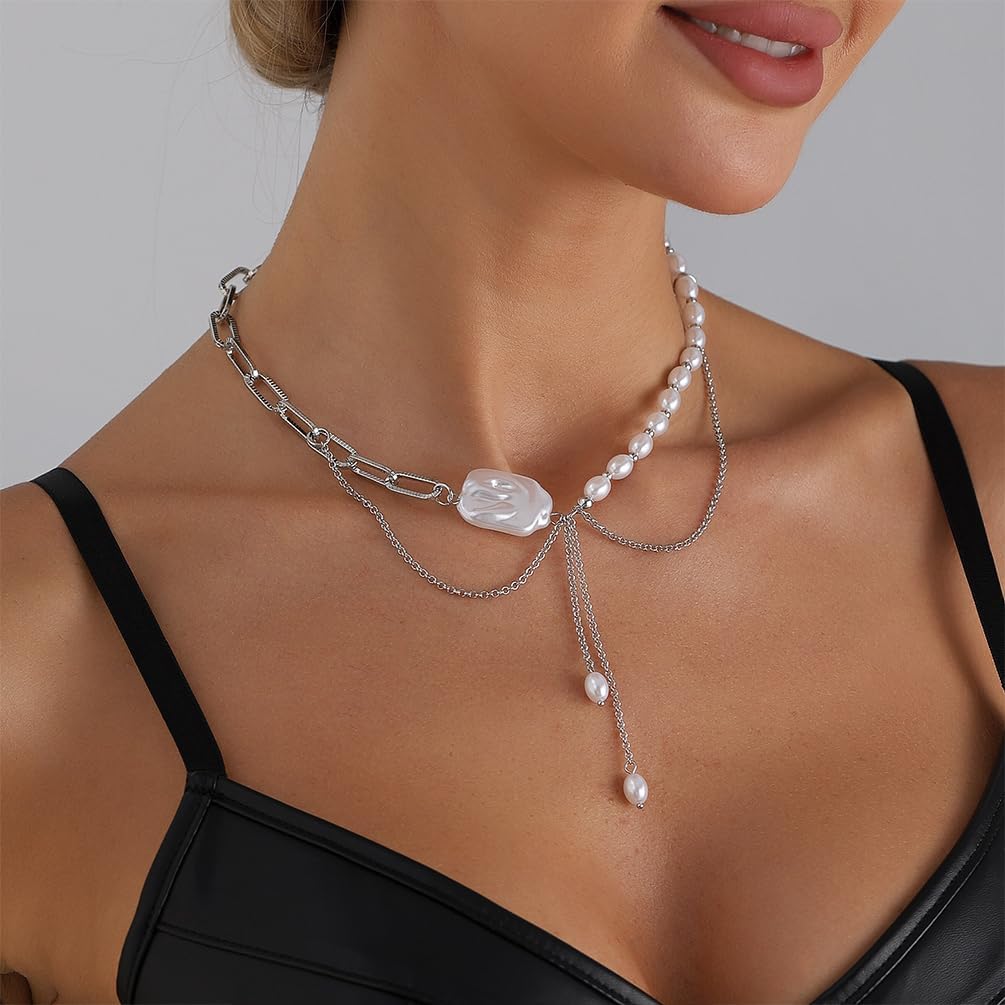 Dainty Layered Silver Baroque Pearl Tassel Y Necklace for Women, Statement Half Pearl Beaded Paperclip Chain Choker Vintage Charm Party Jewelry Gifts - Image 8