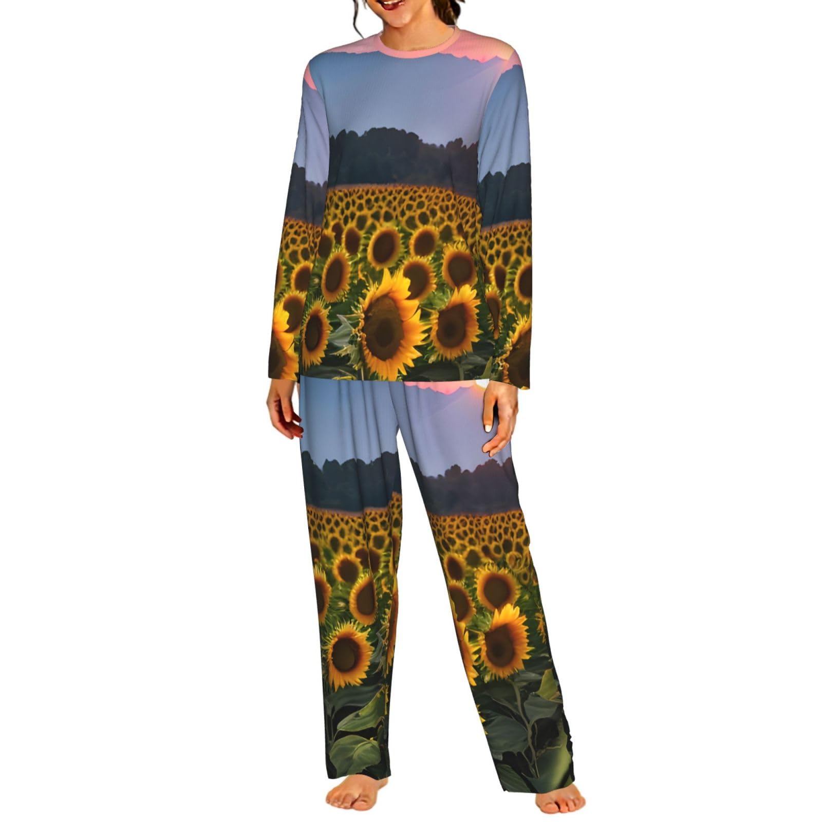 Sunflower Sun Stampa Donne Manica Lunga Pigiama Corrispondente Set Morbido Casa Lounge Sleepwear Yoga Viaggio
