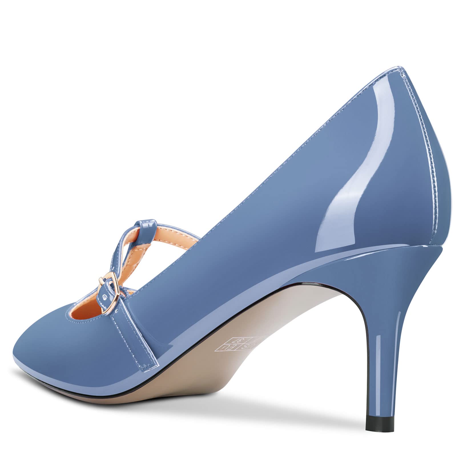 Aachcol Mujer Aguja Medio Bajos Heel Pumps T-Strap Slip-on Puntiaguada Punta Dress Zapatos Oficina Fiesta de Boda Charol 6.5 CM