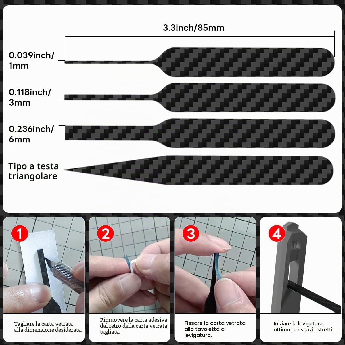 stedi Bastoncini Di Levigatura In Fibra Di Carbonio, Strumenti Per Modellismo Hobbistico, Set Di 7 Pezzi (3“×0.6”, 3“×0.4”, 3“×0.2” E 4 Tavolette Per Levigare I Dettagli) Per Carta Vetrata Appiccicosa