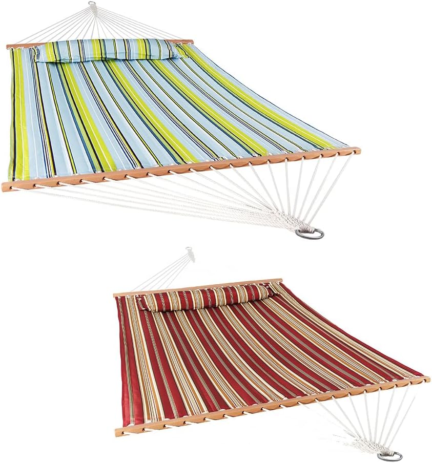 Sunnydaze Set of 2 Outdoor Quilted Fabric Hammocks - 2-Person Hammock with Spreader Bars – Red Stripe and Blue/Green Stripe