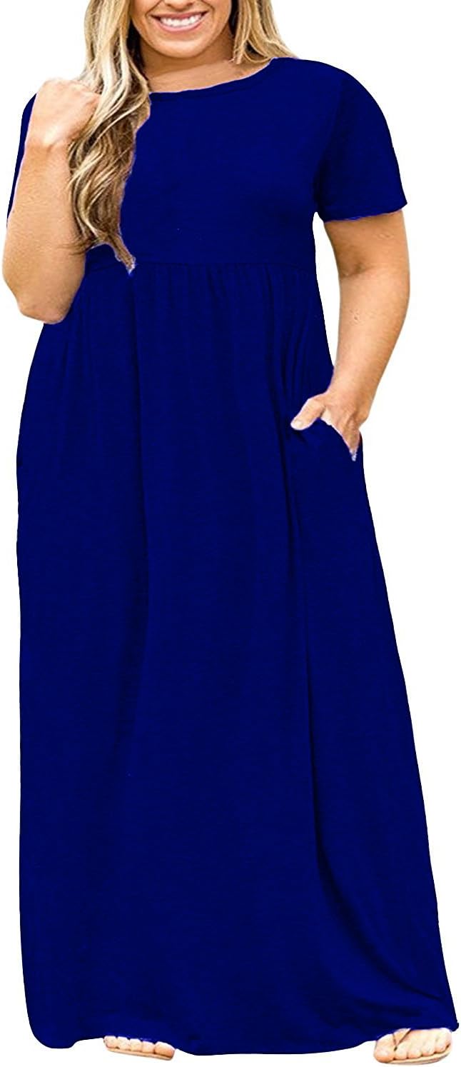 Plus Size Womens Dresses Casual Short Sleeve Loose Plain Long Maxi T Shirt Dress with Pockets (X-Large, Blue)