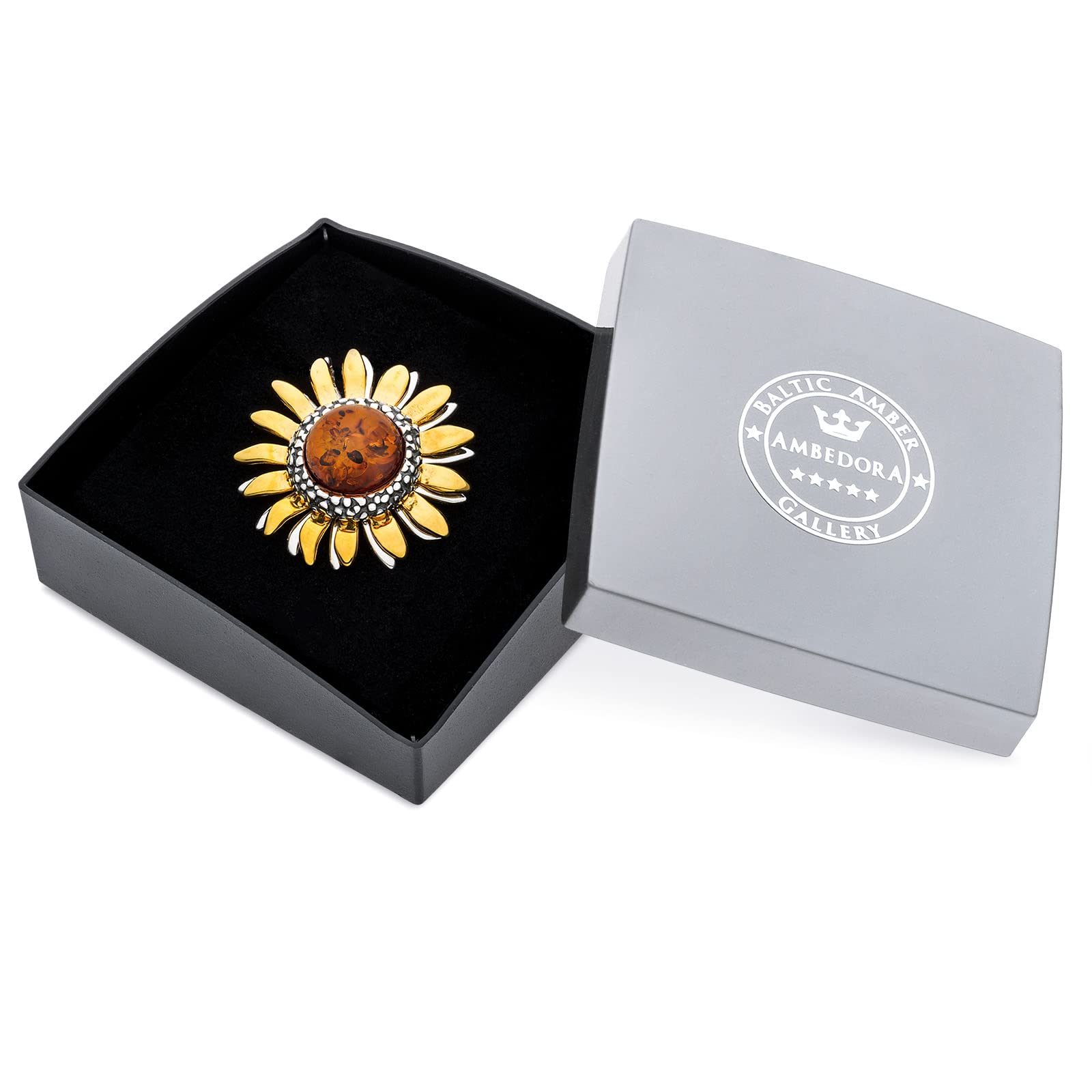 Damen Brosche Anhänger Sterling Silber Poliert, Oxidiert, Vergoldet, Cognac Baltischer Bernstein Rund, Sonnenblumen Brosche mit Anhänger Funktion, Geschenk Set
