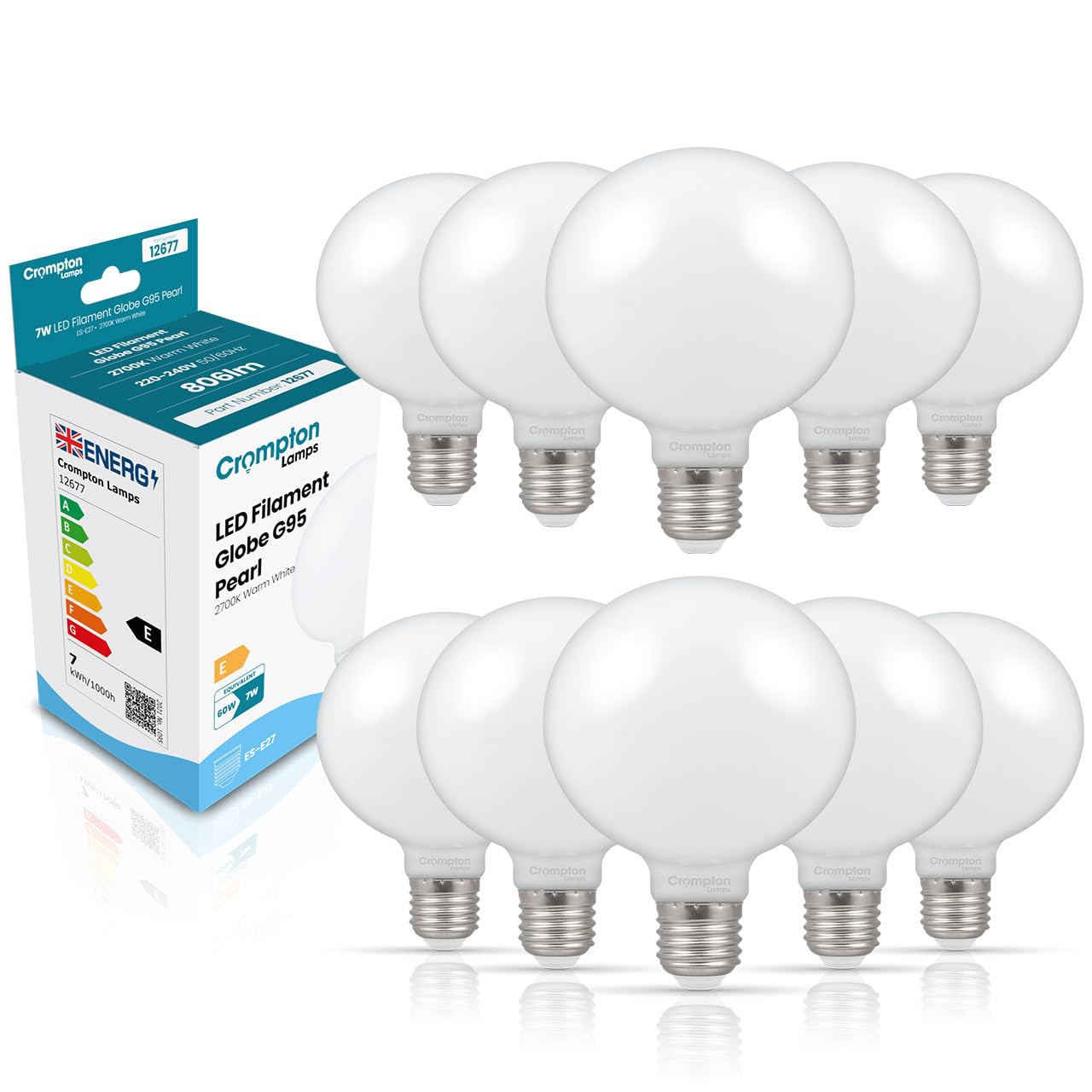 Crompton Lamps LED G95 Globe 7W E27 Screw Bulb | Large Screw Light Bulbs 95mm | 60W Warm White Equivalent | Dimmable Light Bulb | Energy-Saving Bulbs for Ceiling Lights (10) โ image 1