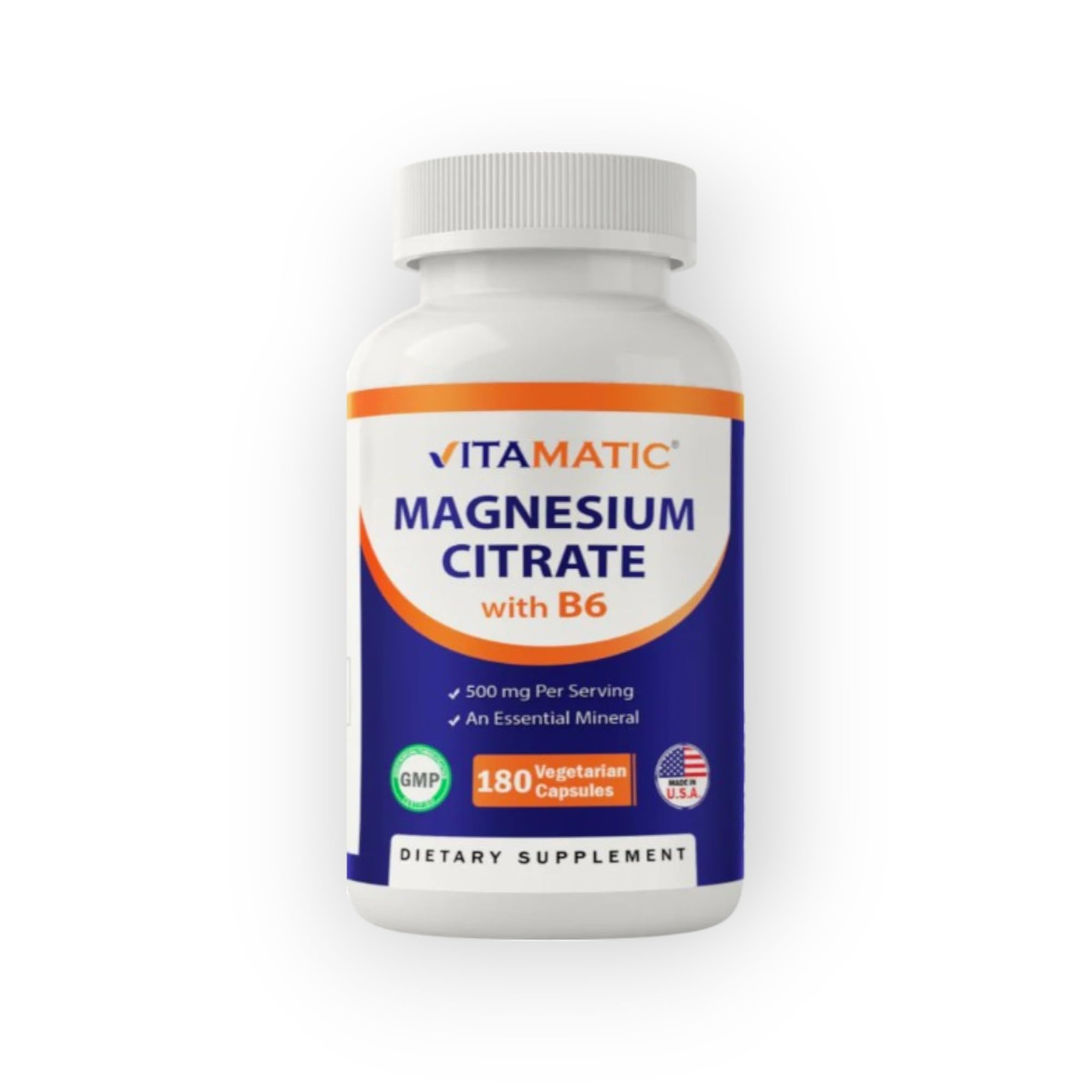 Magnesium Citrate 500mg + Vitamin B6 Blend, 180 Tablets (Approx. 6 Month Supply, Veggie Capsules) Vitamatic