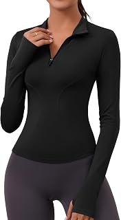 LOMON Women's Long Sleeve Quick Dry Quarter Zip Crop Pullover - Thumb Hole Yoga Workout Top Slim Fit