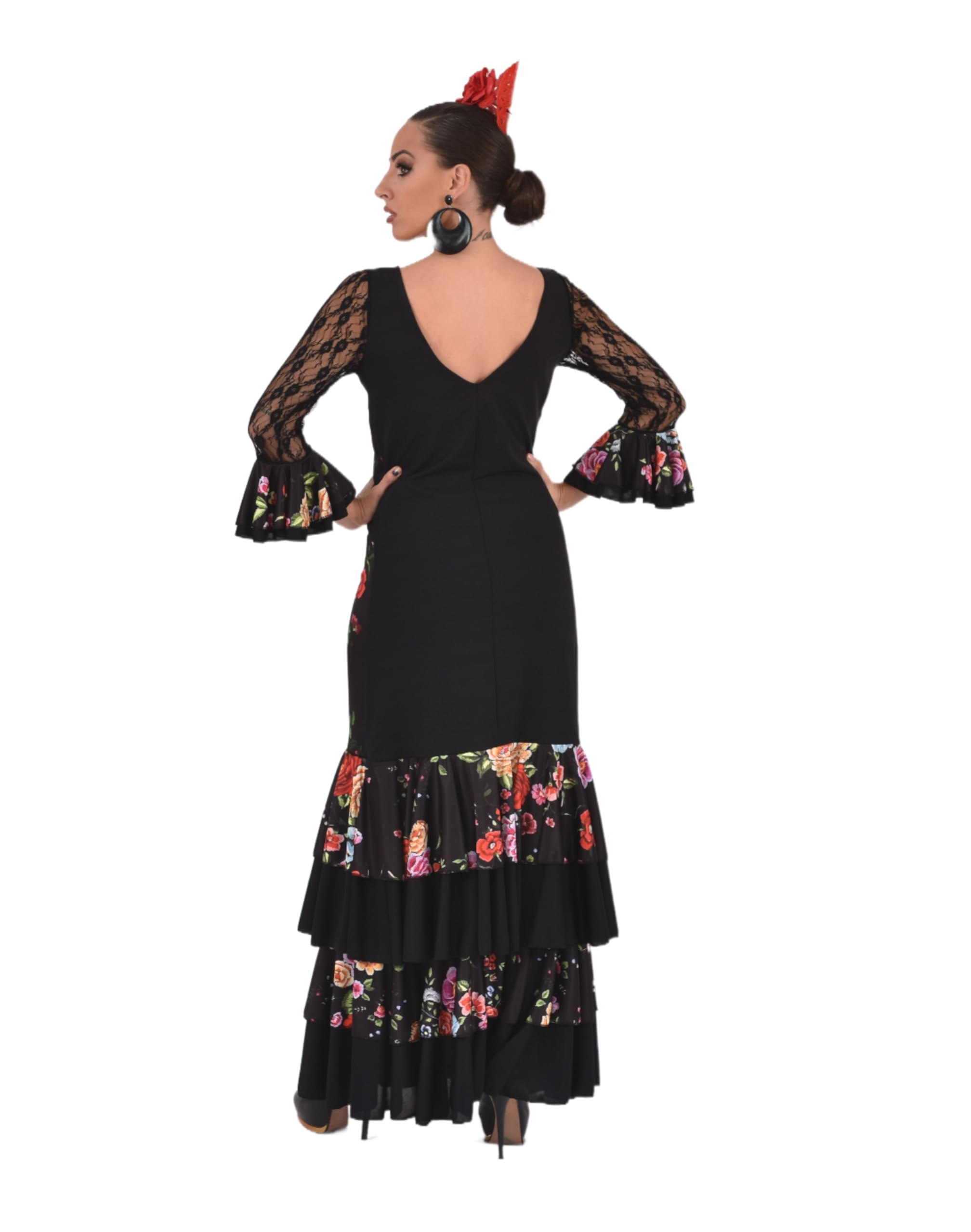 Vestido Flamenco Mujer con Volantes Traje Feria Sevillanas Mangas Encaje Estampado Floral