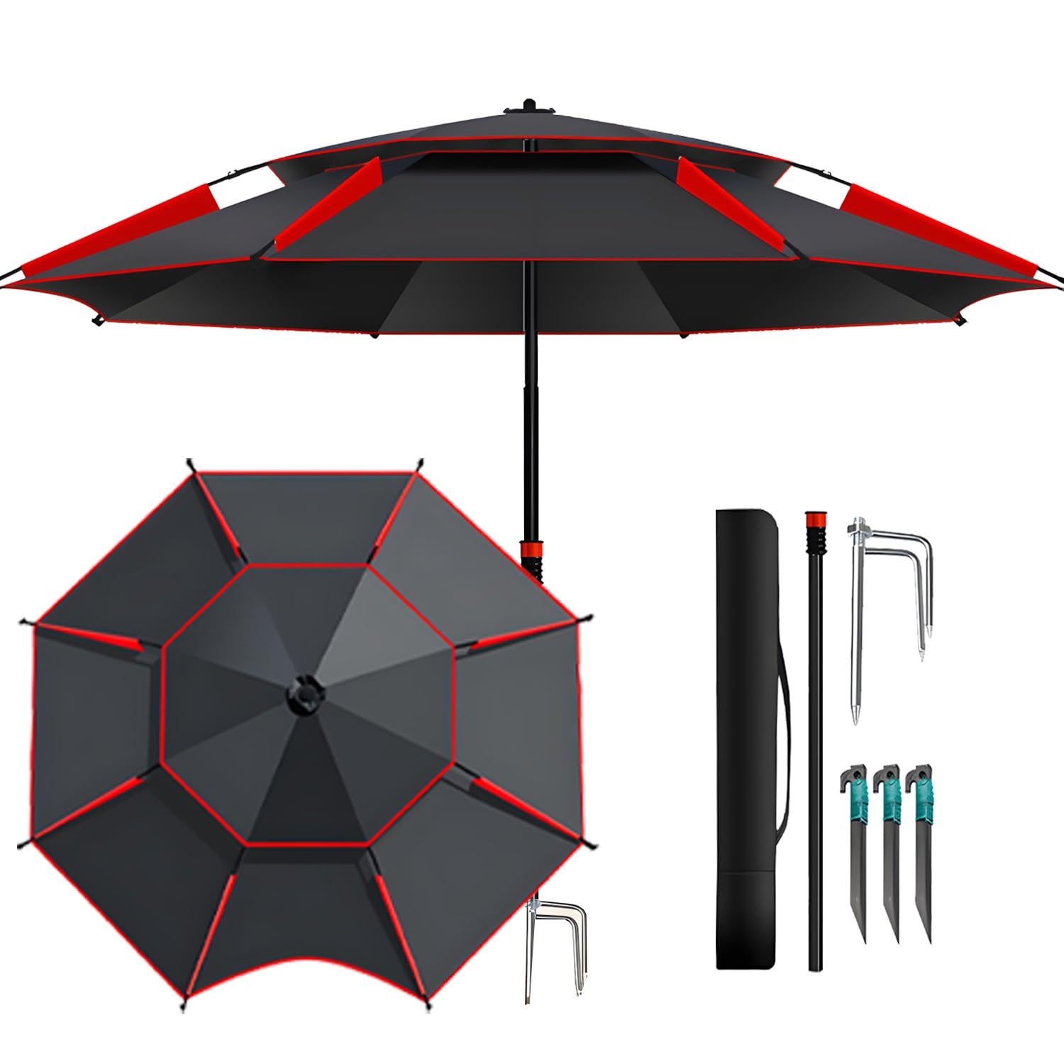 Ombrellone da Spiaggia Antivento Ombrellone da Giardino Protezione UV Parasole da Esterno Inclinabile con Ancoraggio a Sabbia, Parasole Spiaggia per Mare Pesca 1.8/2/2.4/2.60m(Nero Rosso,2.60m)