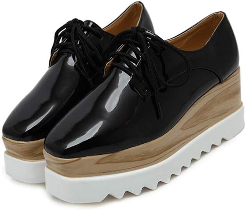 Women's Wood Platform Oxford Shoes Patent Leather Square Toe Laceup